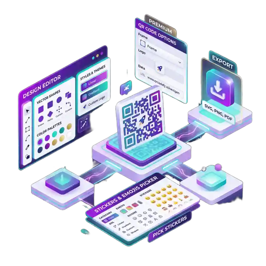 QR-Father features overview — custom dot styles, frames, colors, and canvas editor